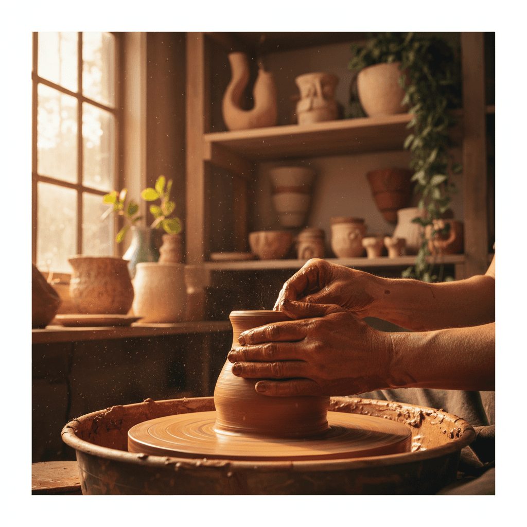 陶艺工匠在工作室中精心制作精美瓷器